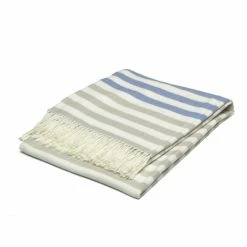 Haven & Earth Melody Blockstreifen Plaid - 150x200 Cm - Hellgrau/blau/natur